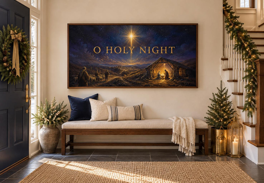 O Holy Night Nativity framed canvas wall art above a bench in a Christmas decorated entryway.
