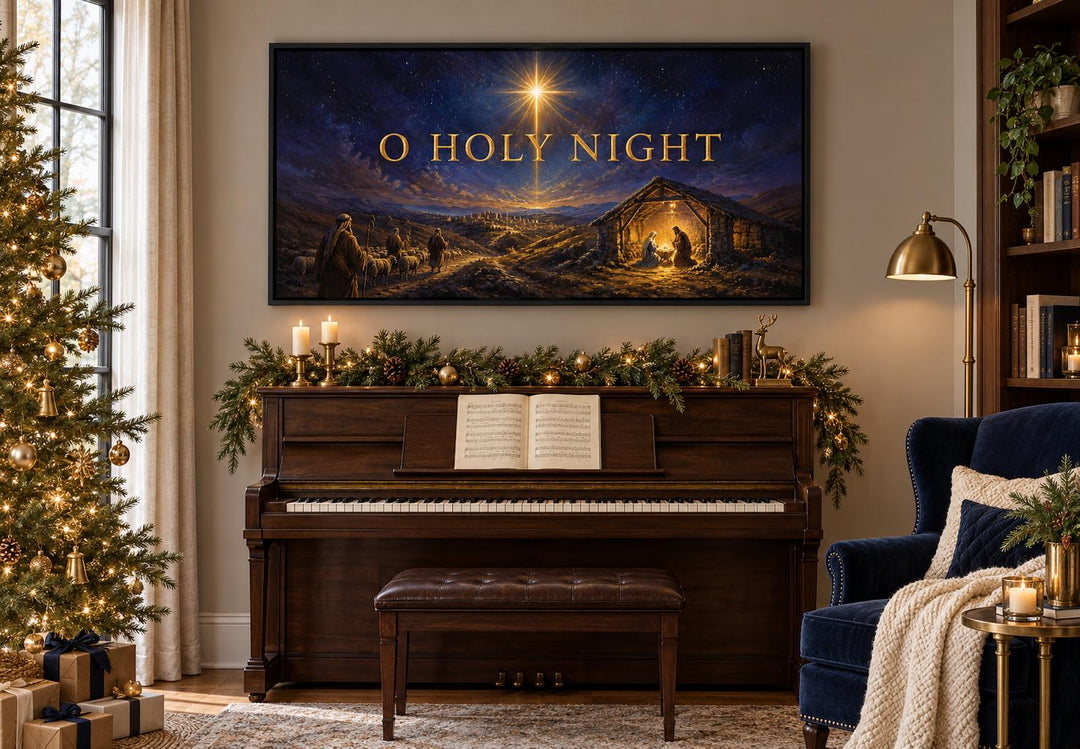 O Holy Night Nativity framed canvas wall art hanging above a piano in a festive living room.