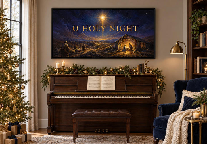 O Holy Night Nativity framed canvas wall art hanging above a piano in a festive living room.