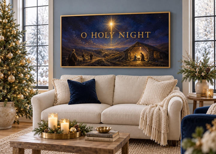O Holy Night Nativity Framed Canvas Wall Art above a sofa in a cozy Christmas living room.