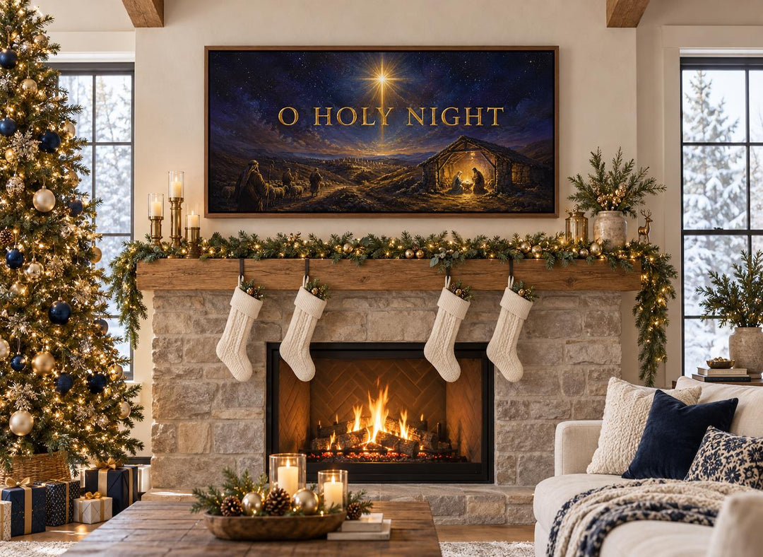O Holy Night Nativity Framed Canvas Wall Art displayed above a fireplace in a Christmas living room.