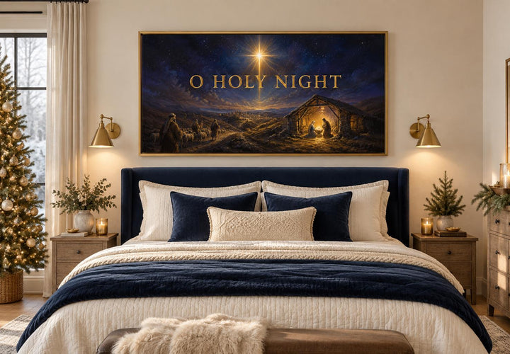 O Holy Night Nativity Framed Canvas Wall Art hanging above a bed in a decorated bedroom.