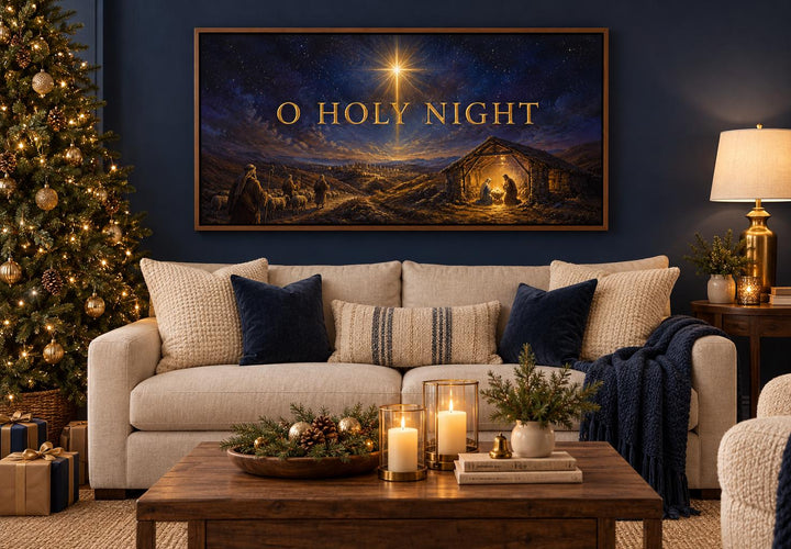 O Holy Night Nativity framed canvas wall art above a sofa in a decorated Christmas living room.