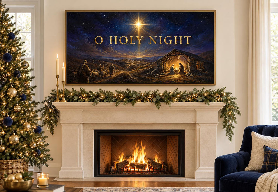 O Holy Night Nativity Framed Canvas Wall Art displayed above a decorated fireplace mantel.