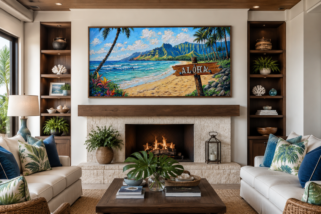 Oahu beach landscape with Aloha sign framed canvas wall art above a fireplace in a living room.