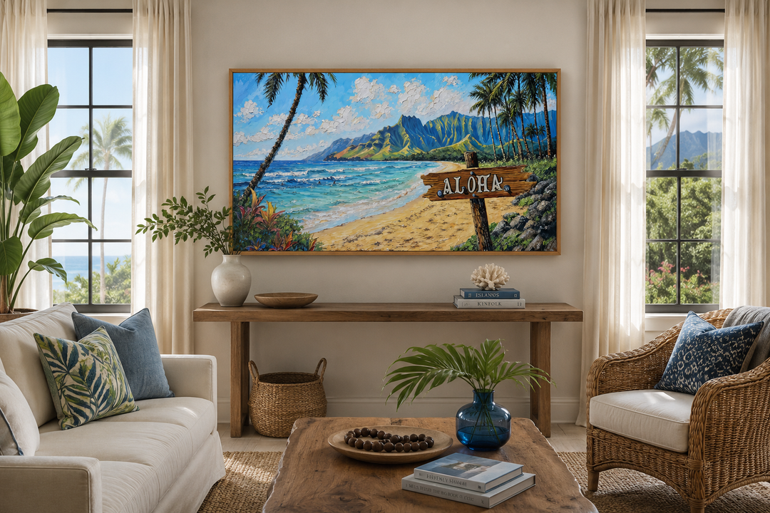 Oahu beach landscape with Aloha sign Hawaii framed canvas wall art in a coastal living room.