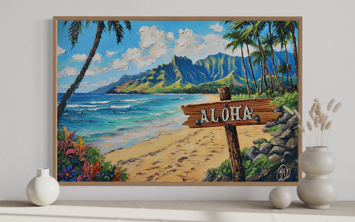 Oahu Beach Landscape With Aloha Sign Hawaii Framed Canvas Wall Art