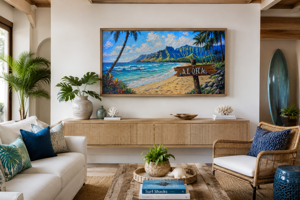 Oahu beach landscape with Aloha sign Hawaii framed canvas wall art above a wooden console table.