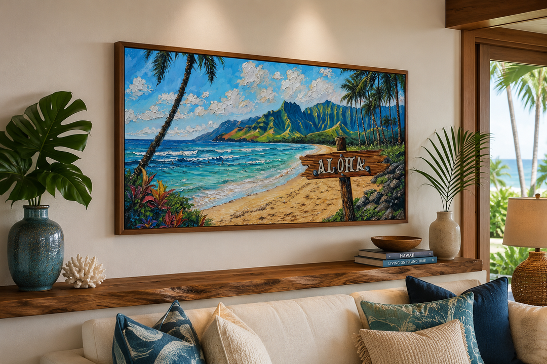 Oahu beach landscape framed canvas wall art with Aloha sign, palm trees, and turquoise ocean.