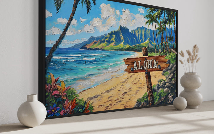 Oahu Beach Landscape With Aloha Sign Hawaii Framed Canvas Wall Art