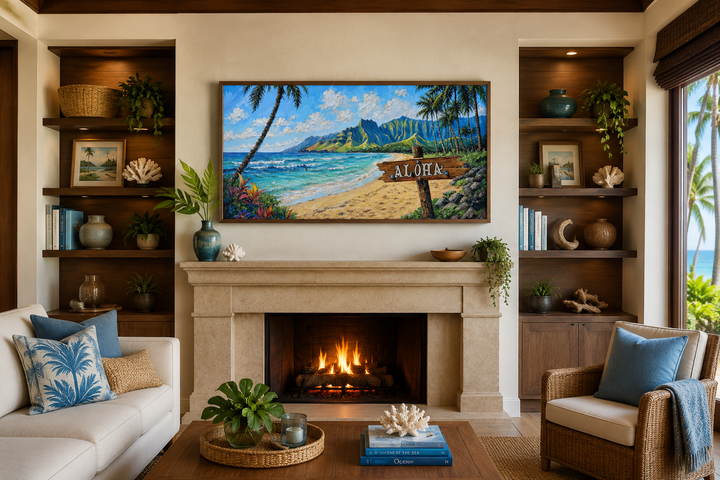 Oahu beach landscape framed canvas wall art with Aloha sign above a fireplace in a living room.