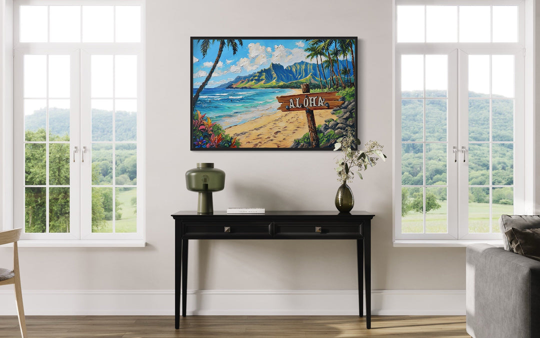 Oahu Beach Landscape With Aloha Sign Hawaii Framed Canvas Wall Art