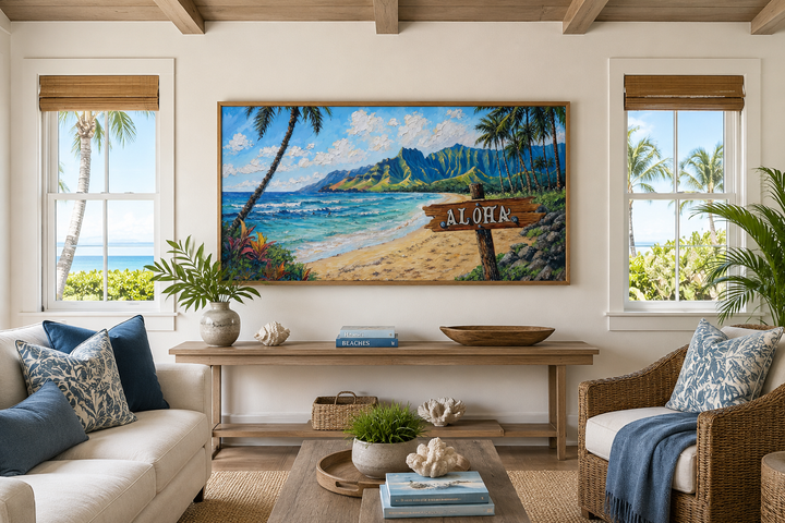 Oahu beach landscape framed canvas wall art featuring an Aloha sign and tropical palm trees.