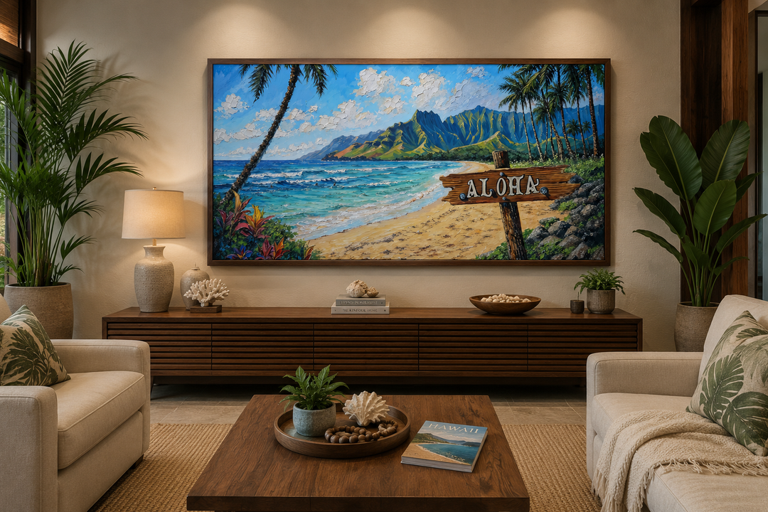 Oahu beach landscape framed canvas wall art with Aloha sign and palm trees in a living room.