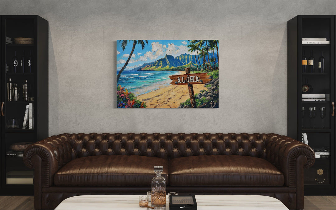 Oahu Beach Landscape With Aloha Sign Hawaii Framed Canvas Wall Art