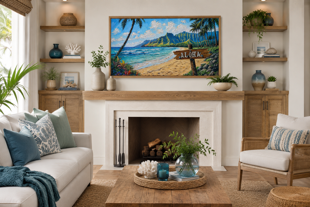 Oahu beach landscape framed canvas wall art with Aloha sign above a fireplace in a coastal living room.
