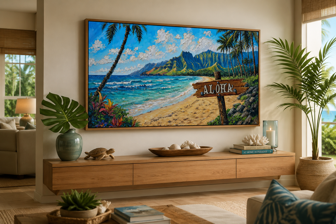 Oahu beach landscape framed canvas wall art with Aloha sign and palm trees in a coastal living room.