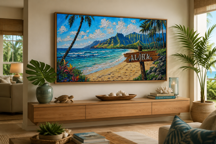 Oahu beach landscape framed canvas wall art with Aloha sign and palm trees in a coastal living room.