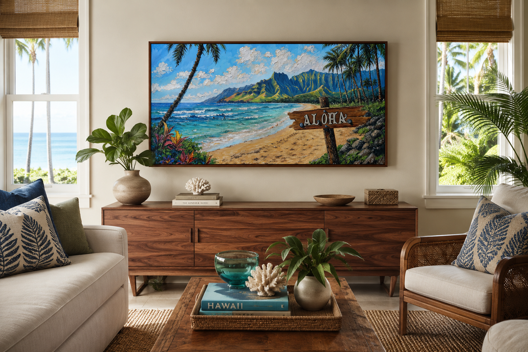 Oahu Beach Landscape With Aloha Sign Hawaii Framed Canvas Wall Art above a wooden sideboard.
