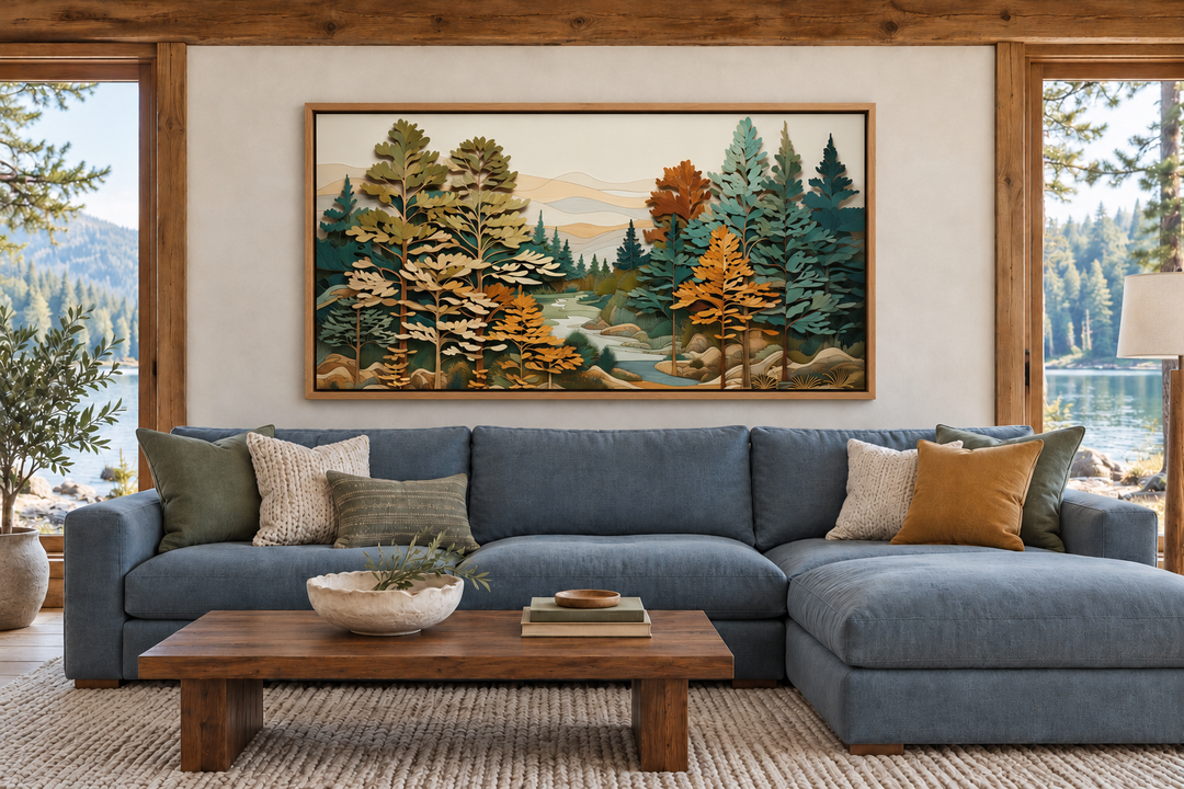 Layered wood forest river wall art in an oak frame above a blue sectional sofa in a rustic cabin.