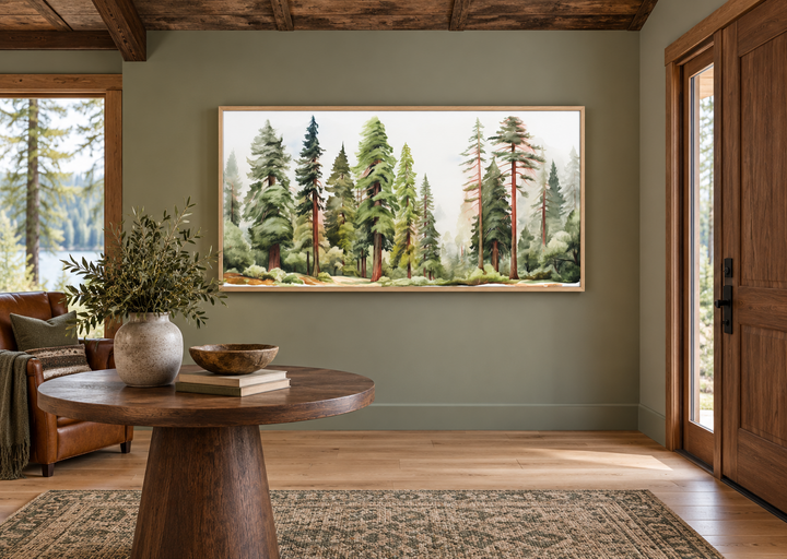 Woodlands forest watercolor framed canvas wall art featuring tall trees in a serene landscape.