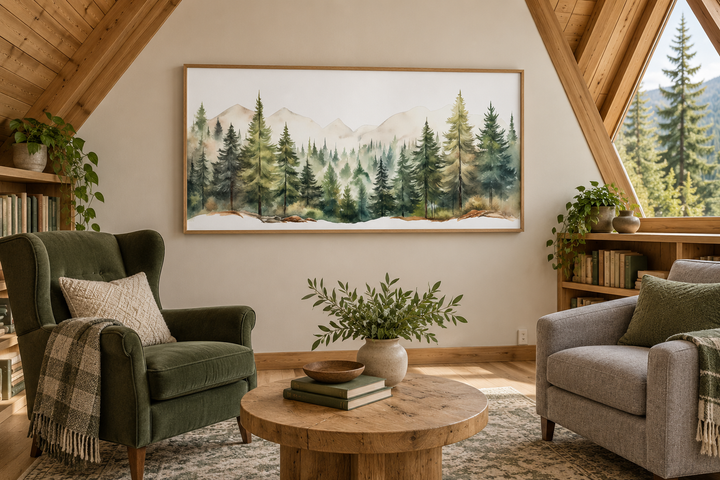 Framed watercolor canvas of a sage green forest and mountain landscape in a rustic living room.