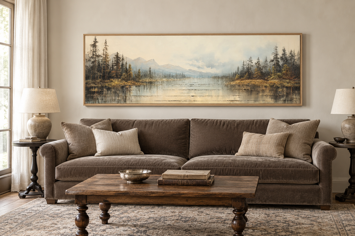 Vintage neutral lake landscape panoramic wall art in a wooden frame above a brown velvet sofa.