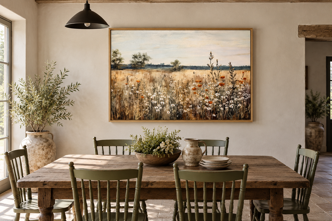 Wildflowers field vintage farmhouse framed canvas wall art above a rustic wooden dining table.