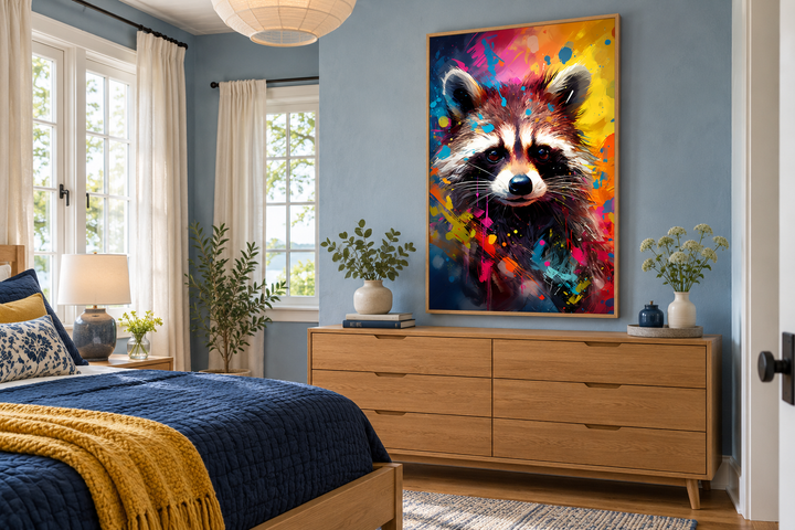 Colorful raccoon pop art graffiti framed canvas wall art hanging above a wooden dresser in a bedroom