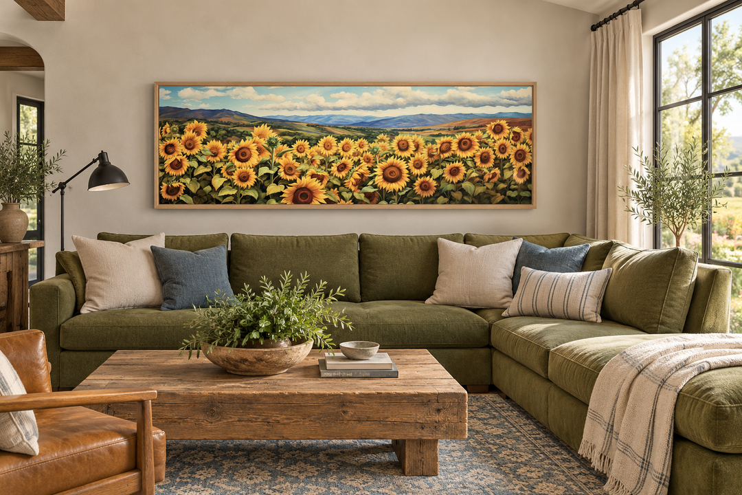 Sunflowers Field Rustic Farmhouse Long Horizontal Wall Art above a green sectional sofa.