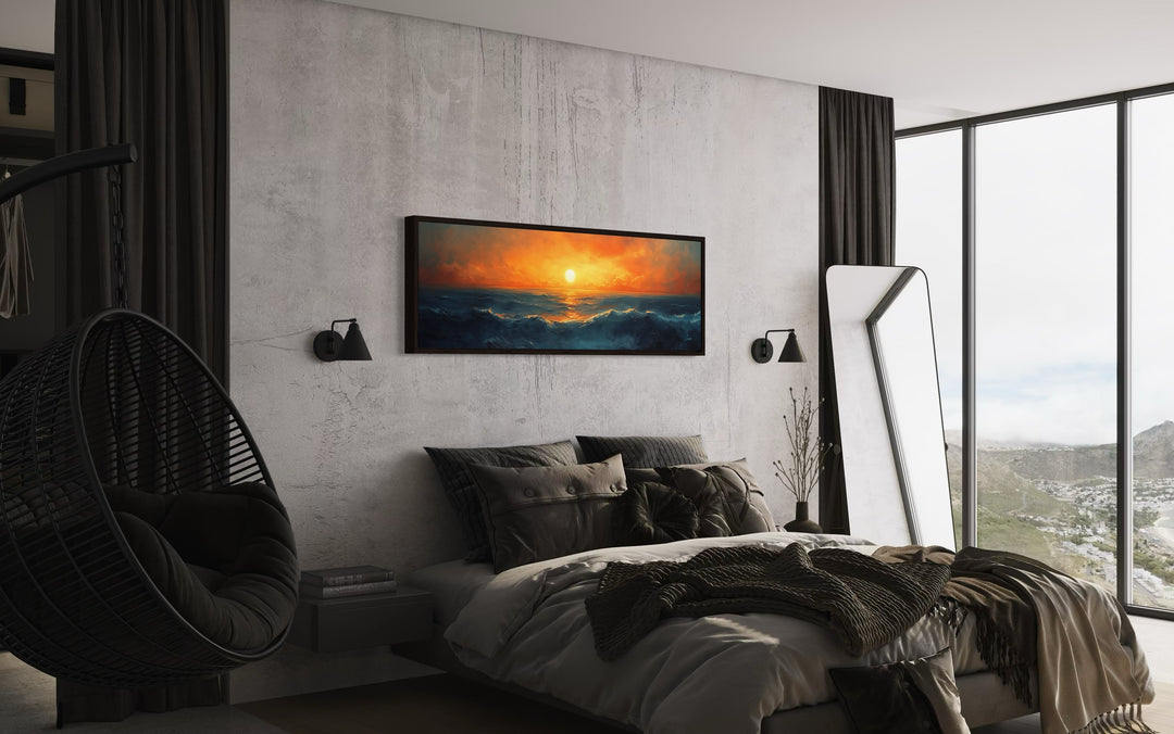 Ocean Sunset Long Horizontal Above Bed Framed Canvas Wall Art in a modern bedroom setting.
