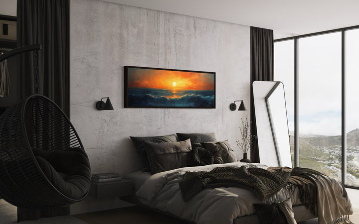 Ocean Sunset Long Horizontal Above Bed Framed Canvas Wall Art in a modern bedroom setting.