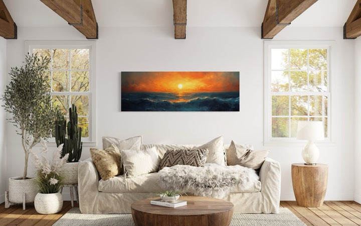 Ocean Sunset Long Horizontal Framed Canvas Wall Art above couch