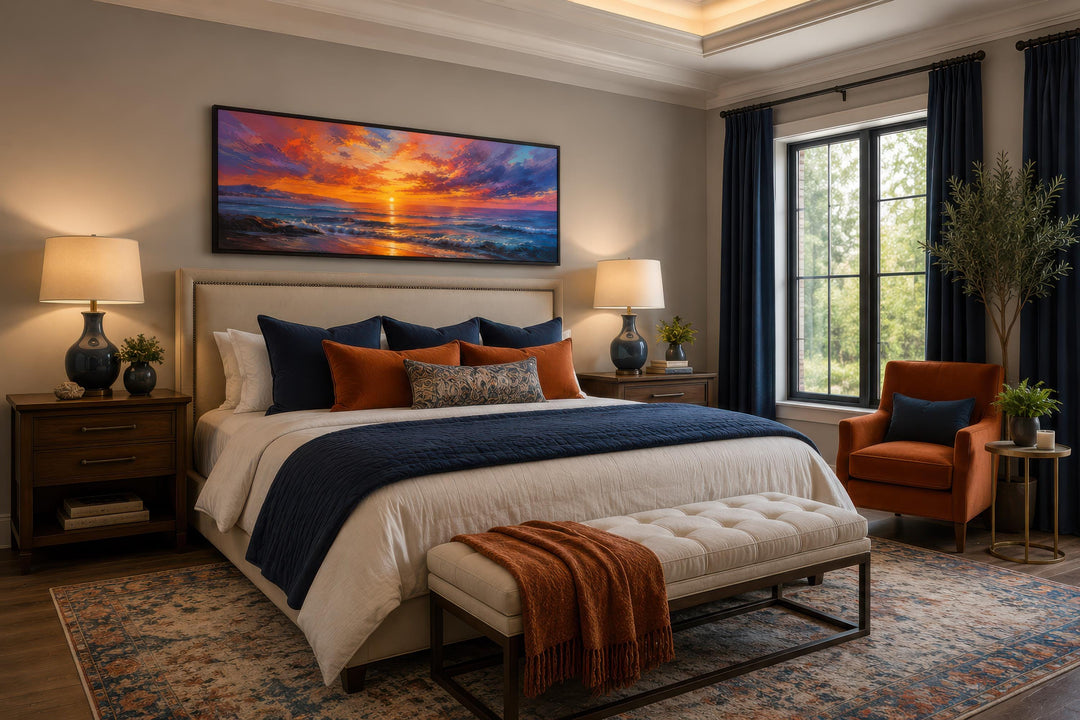 Ocean Sunset Wall Art above a bed, featuring a fiery purple and orange sky over a dark sea.