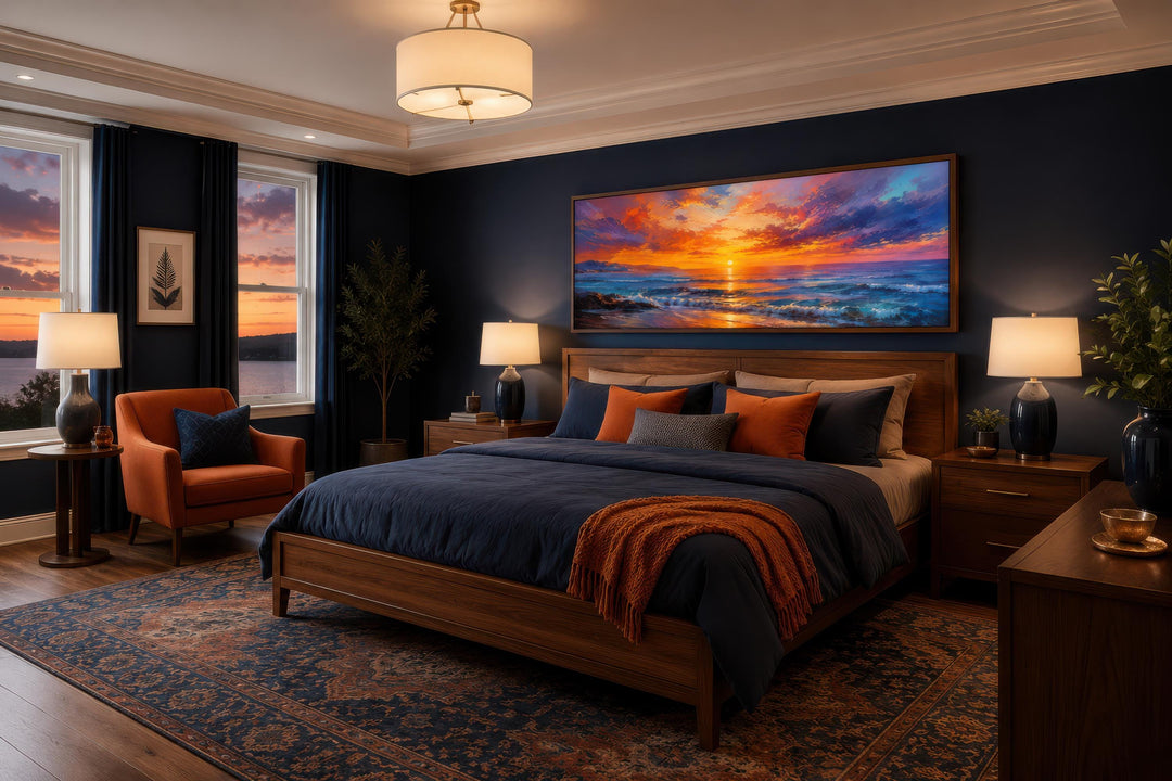 Ocean Sunset Wall Art: a long horizontal canvas with a fiery purple and orange sky above the bed.
