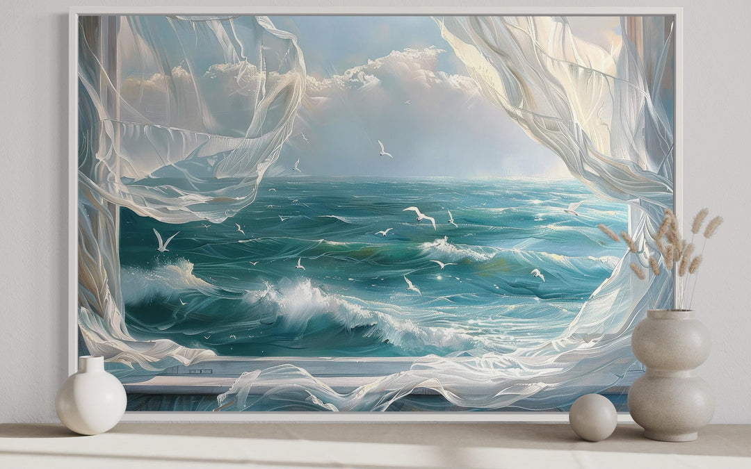 Ocean View From Window With Birds And Curtains Framed Canvas Wall Art