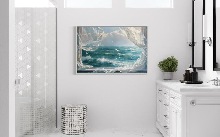 Ocean View From Window With Birds And Curtains Framed Canvas Wall Art