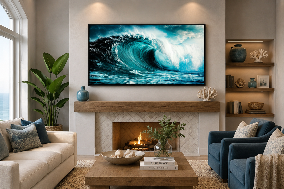 Framed canvas wall art featuring a large, crashing teal ocean wave above a fireplace mantel.