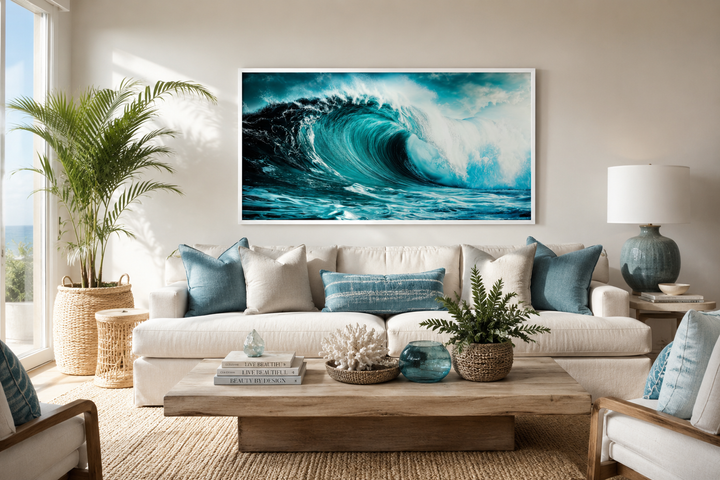 Ocean wave photography framed canvas wall art hanging above a white sofa in a coastal living room.