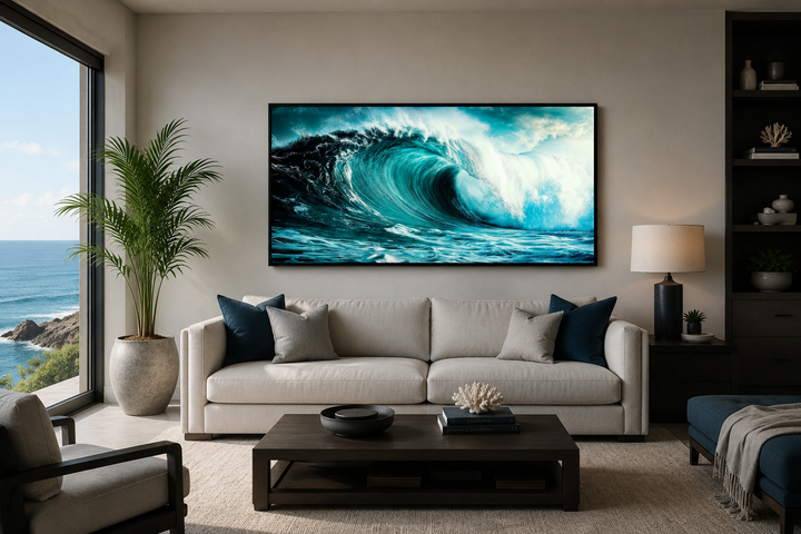 Large framed canvas wall art featuring a crashing teal ocean wave above a beige sofa.