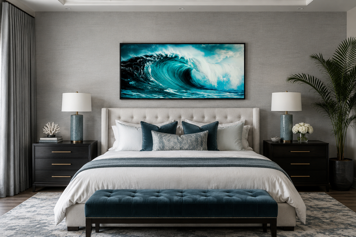 Framed canvas wall art featuring a large, crashing teal ocean wave above a bed in a modern bedroom.