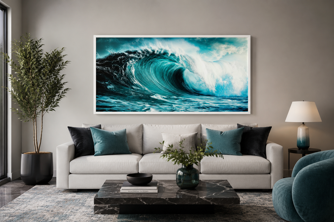 Ocean wave photography framed canvas wall art hanging above a white sofa in a modern living room.