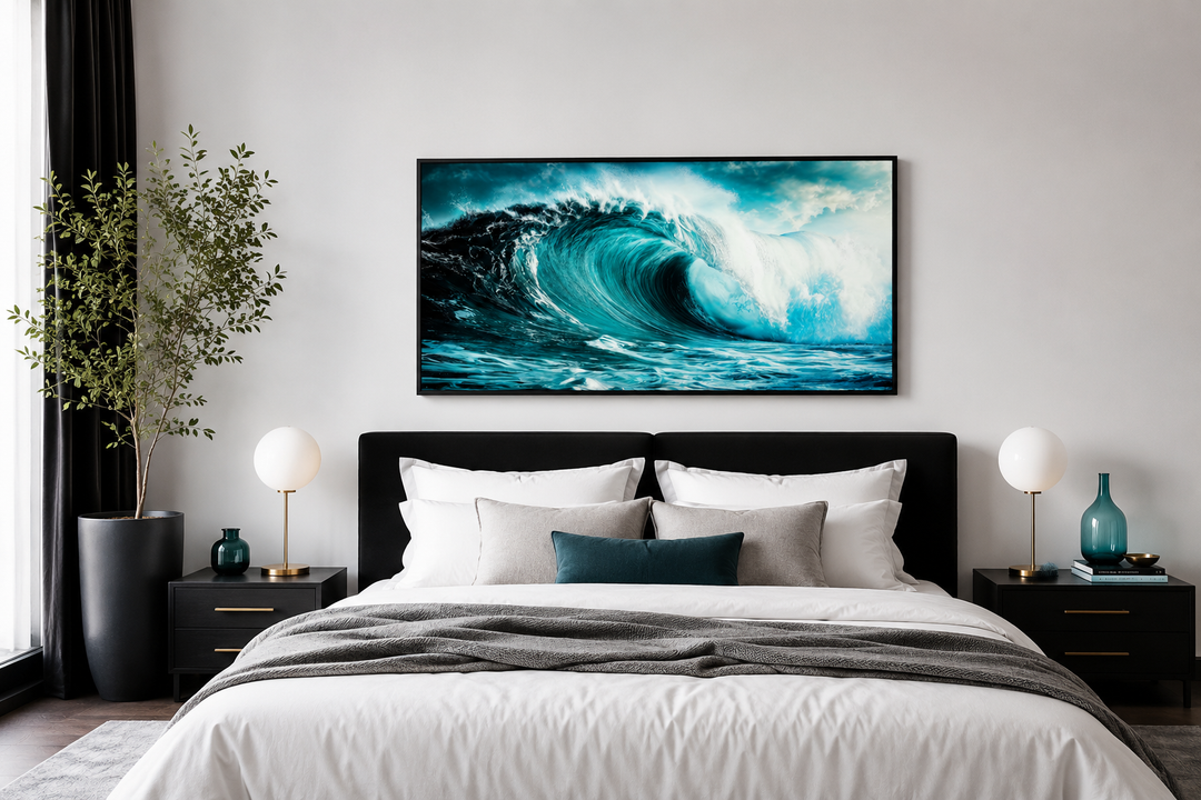 Ocean Wave Photography Framed Canvas Wall Art hanging above a bed in a modern bedroom.