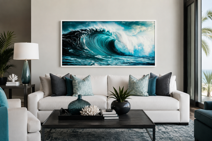 Ocean wave photography framed canvas wall art above a white sofa in a coastal living room.