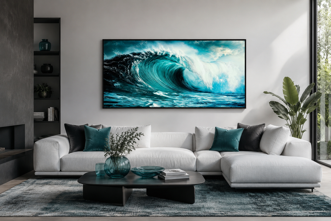 Ocean wave photography framed canvas wall art above a white sofa in a modern living room.