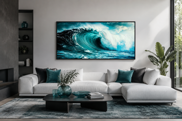 Ocean wave photography framed canvas wall art above a white sofa in a modern living room.