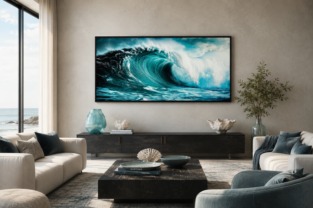 Ocean wave photography framed canvas wall art featuring a crashing teal wave in a modern living room.