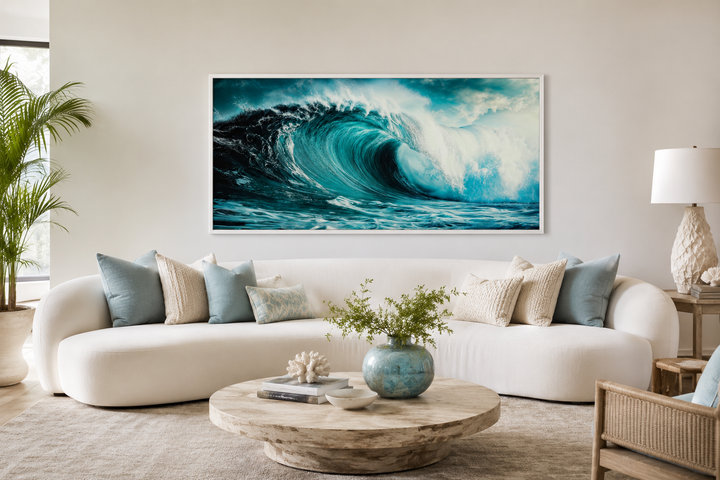 Ocean wave photography framed canvas wall art hanging above a white sofa in a coastal living room.
