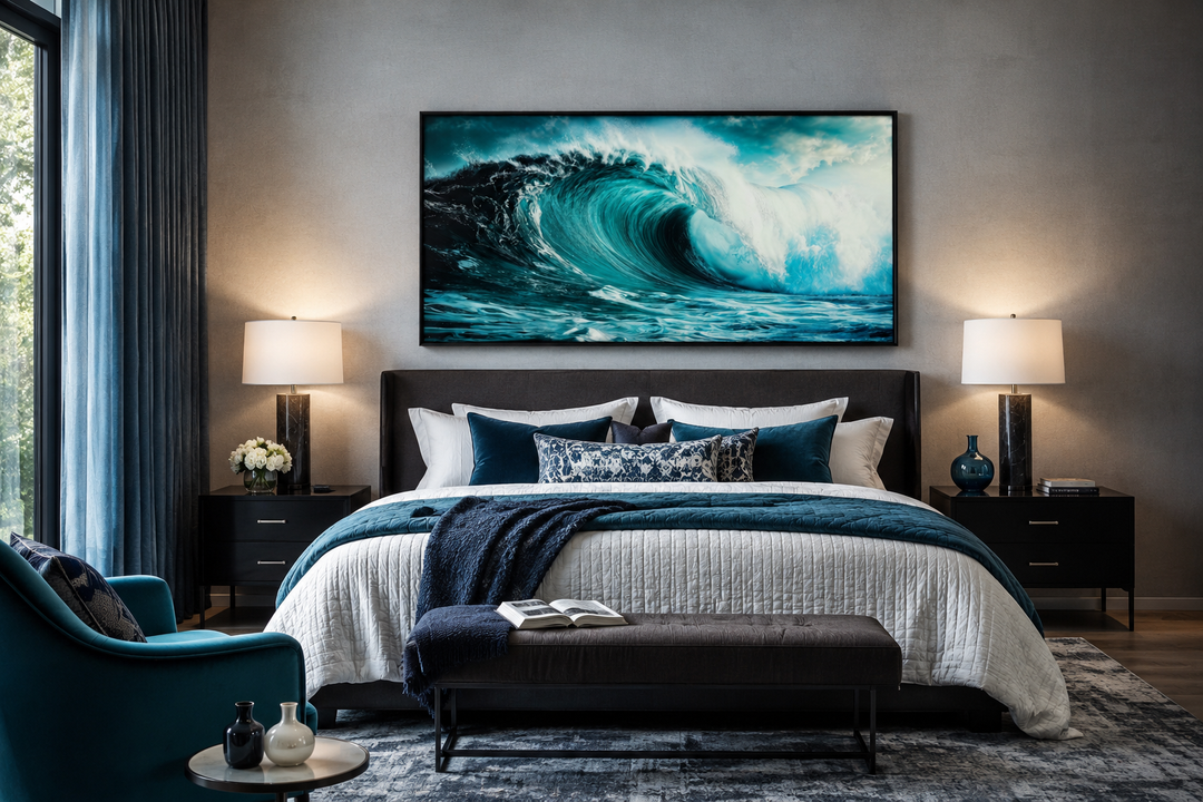 Ocean wave photography framed canvas wall art hanging above a bed in a modern bedroom.