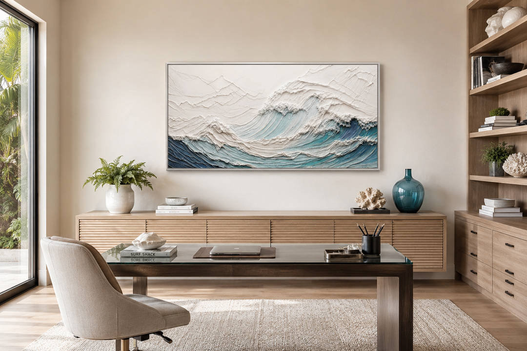 Modern teal ocean wave canvas with 3D illusion hanging in a minimalist home office.